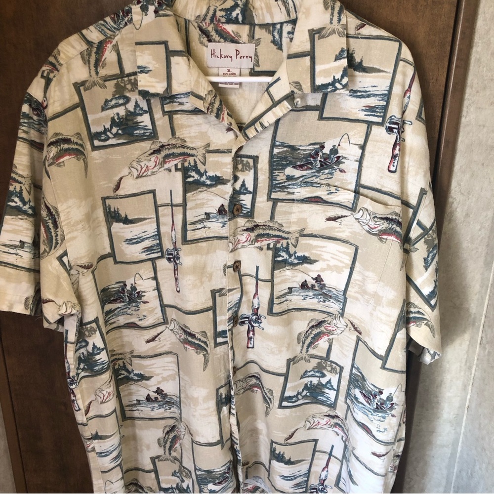 EUC Hickory Perry Fishing Trout Rod Reel Coconut Buttons Linen Rayon Shirt XL A